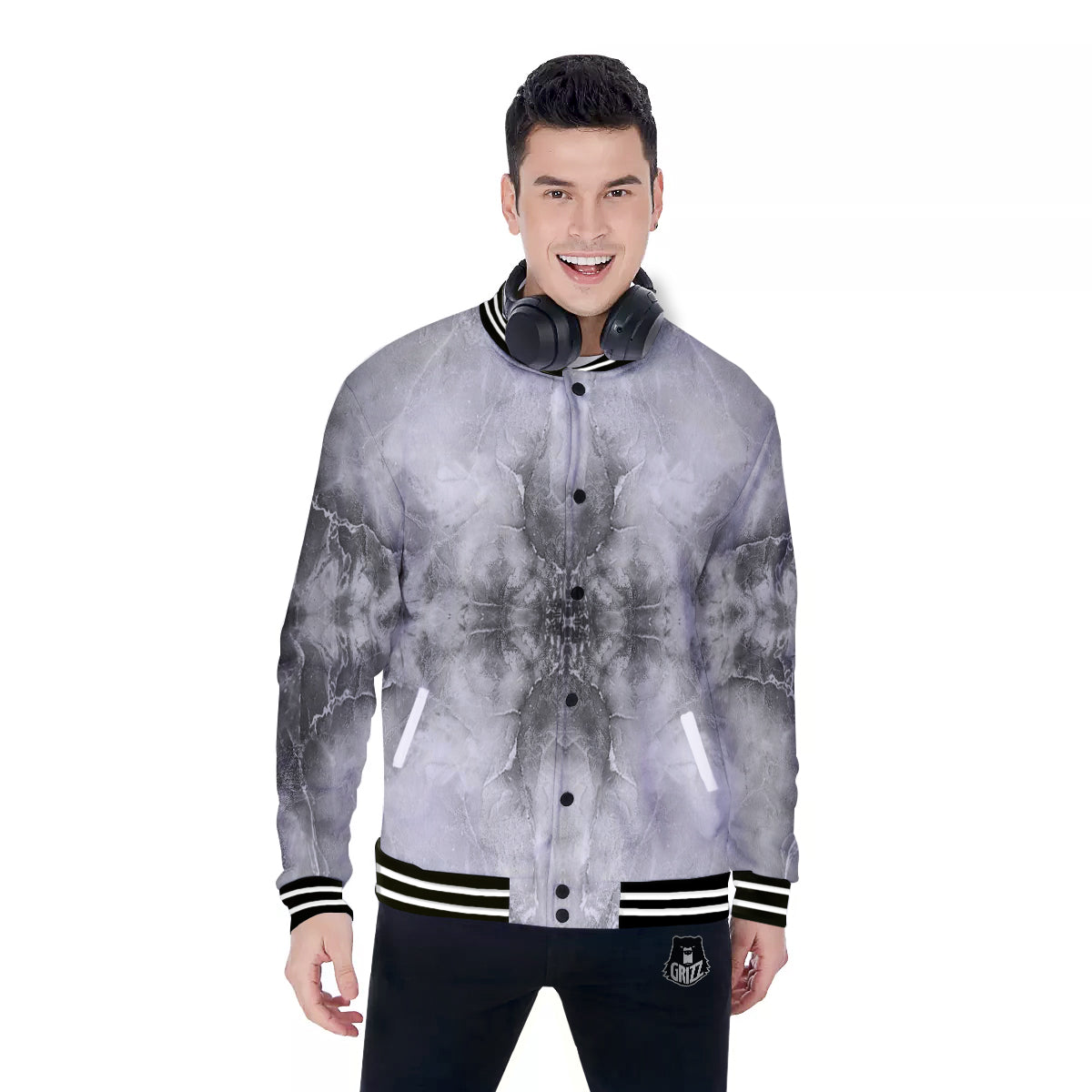 Smoke Marble White Grey Print Pattern Baseball Jacket-grizzshop