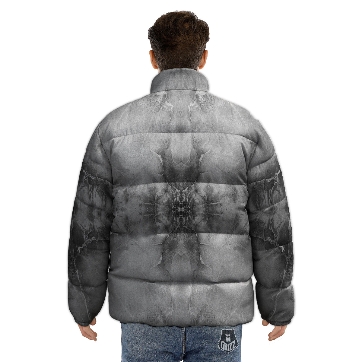 Smoke Marble White Grey Print Pattern Puffer Jacket-grizzshop