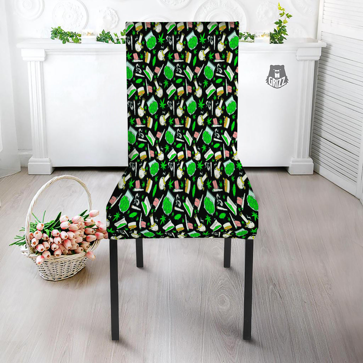 Smoke Weed Green Neon Print Pattern Dining Chair Slipcover-grizzshop