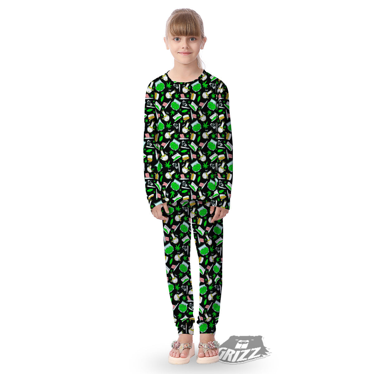 Smoke Weed Green Neon Print Pattern Kid's Pajamas-grizzshop