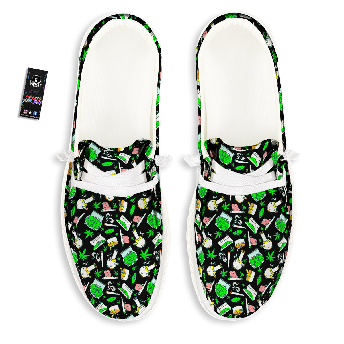 Smoke Weed Green Neon Print Pattern White Loafers-grizzshop
