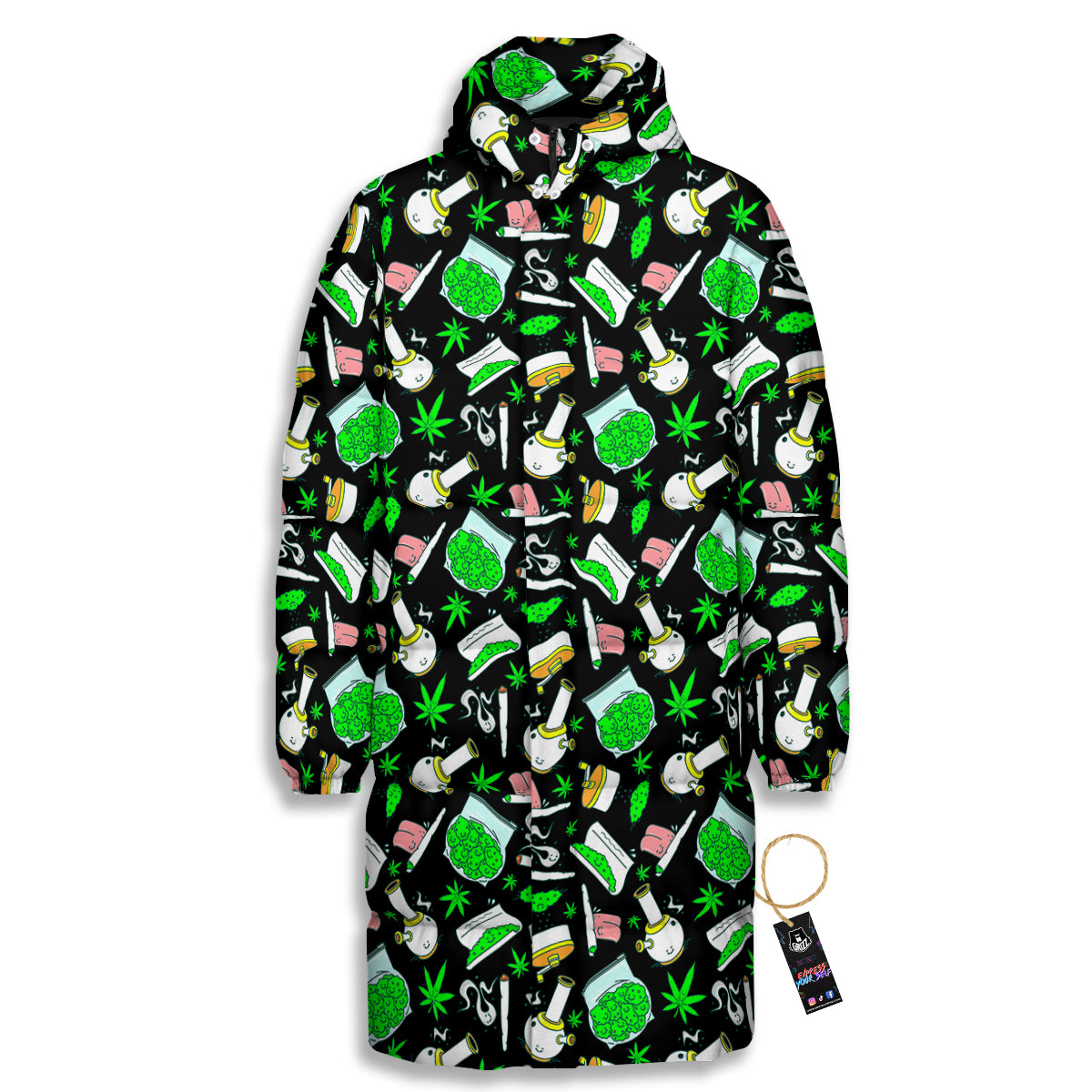 Smoke Weed Green Neon Print Pattern Long Down Jacket