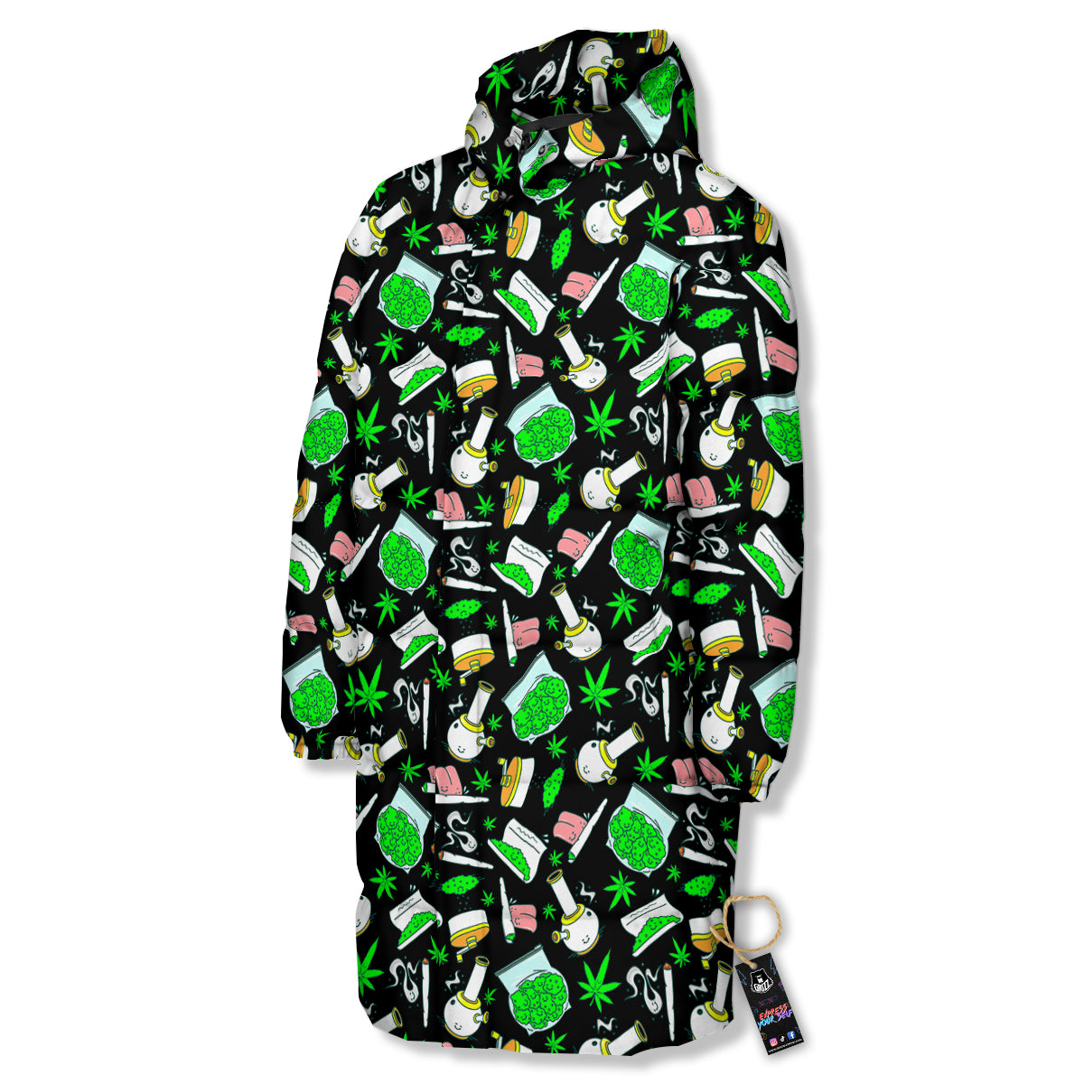 Smoke Weed Green Neon Print Pattern Long Down Jacket
