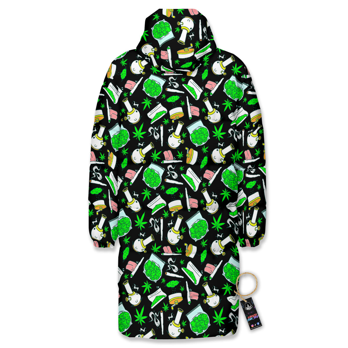 Smoke Weed Green Neon Print Pattern Long Down Jacket