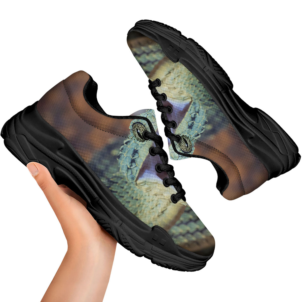 Snake Atheris Nitschei Print Black Chunky Shoes-grizzshop