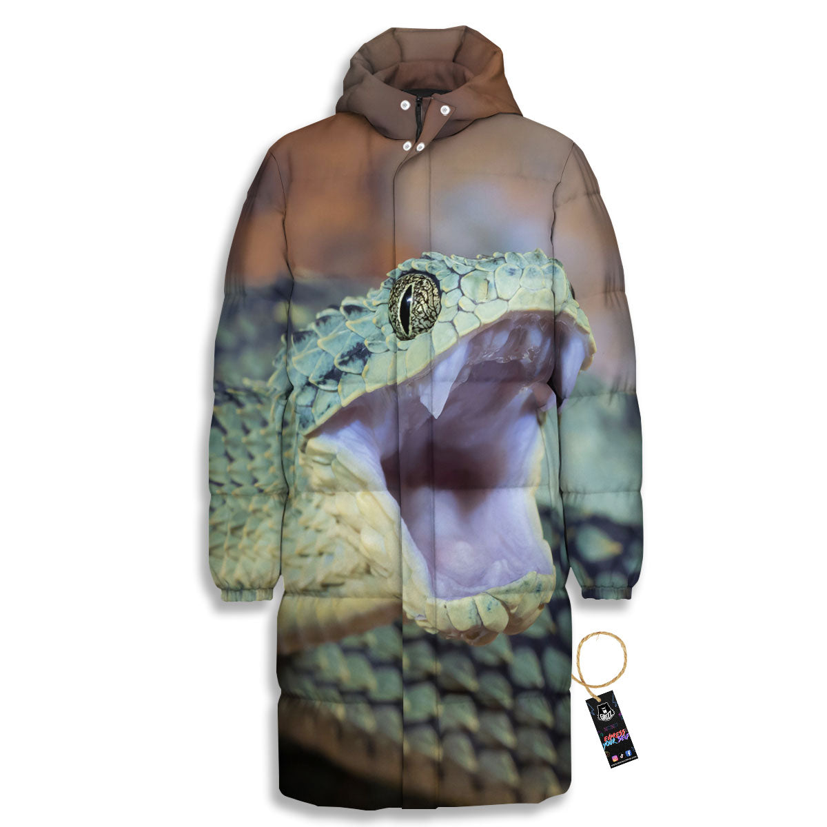 Snake Atheris Nitschei Print Long Down Jacket-grizzshop