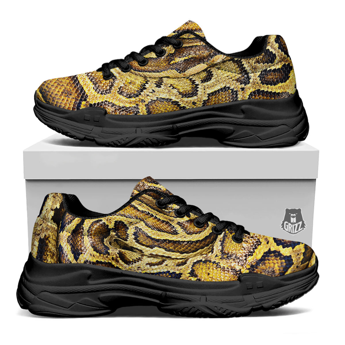 Snake Burmese Python Print Black Chunky Shoes-grizzshop