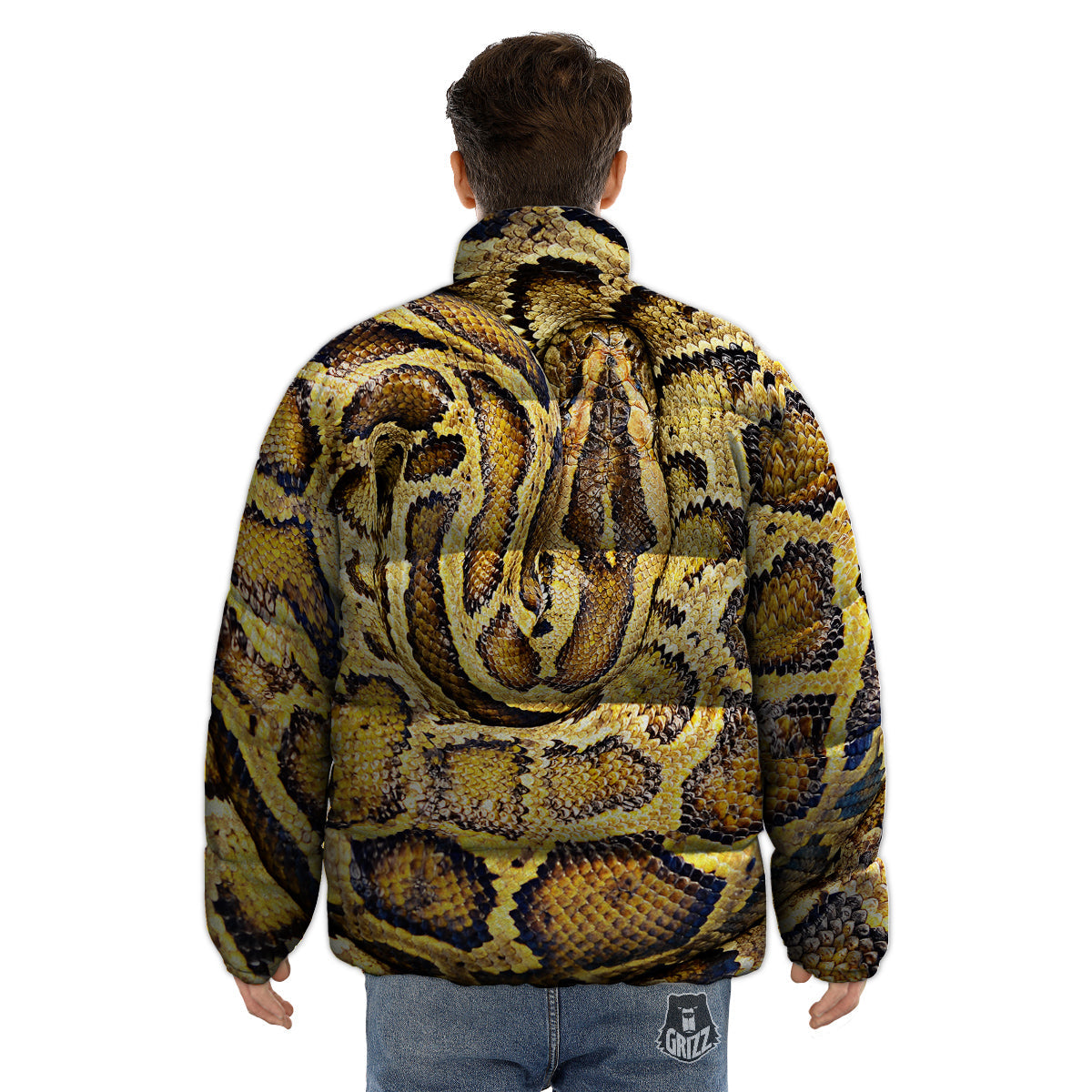 Snake Burmese Python Print Puffer Jacket-grizzshop