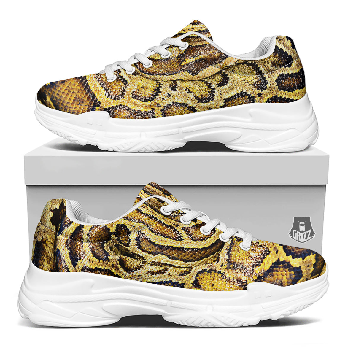 Snake Burmese Python Print White Chunky Shoes-grizzshop