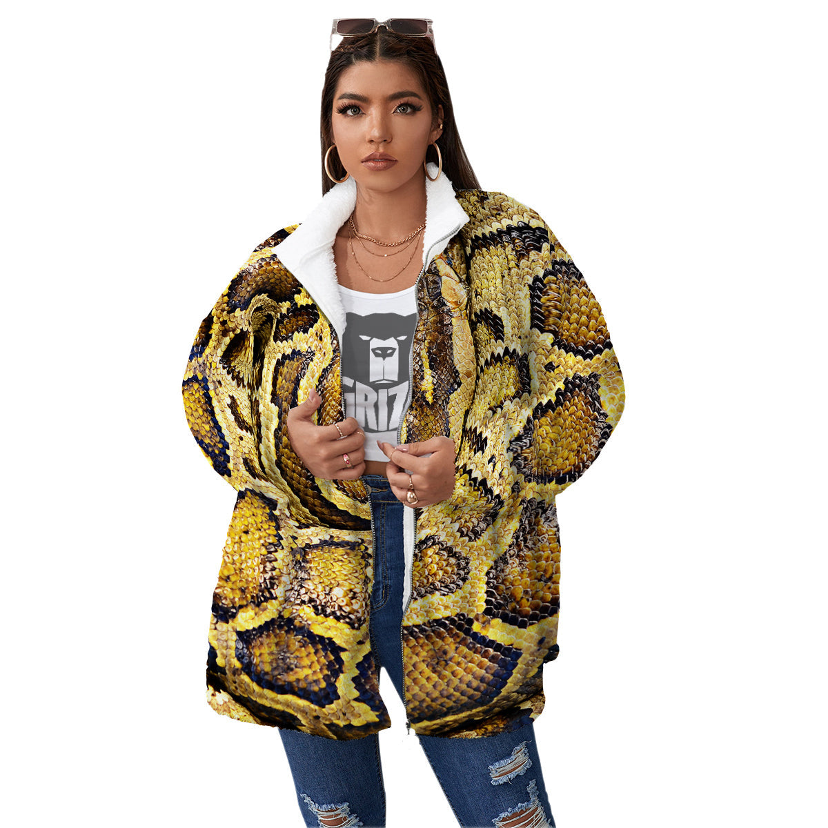 Snake Burmese Python Print Women's Sherpa Jacket-grizzshop