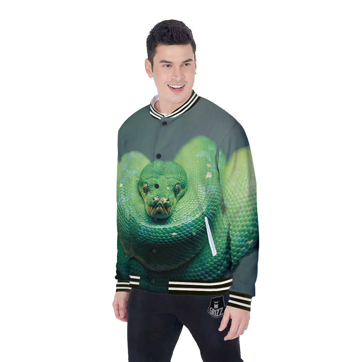 Snake Emerald Tree Boa Print Baseball Jacket-grizzshop