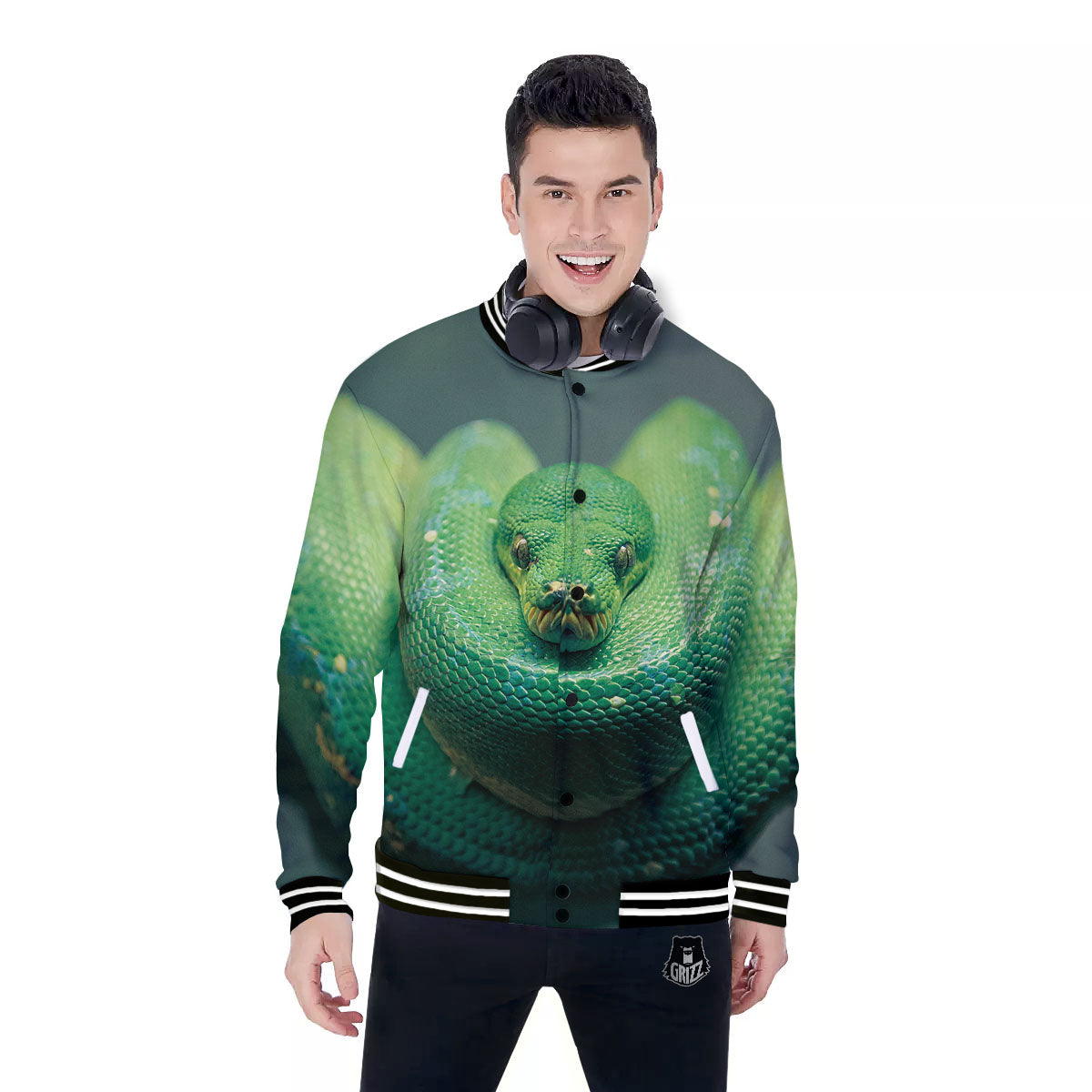 Snake Emerald Tree Boa Print Baseball Jacket-grizzshop