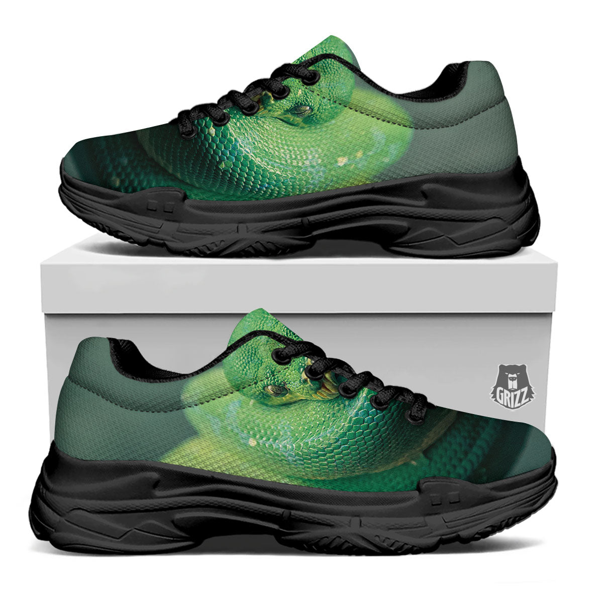 Snake Emerald Tree Boa Print Black Chunky Shoes-grizzshop