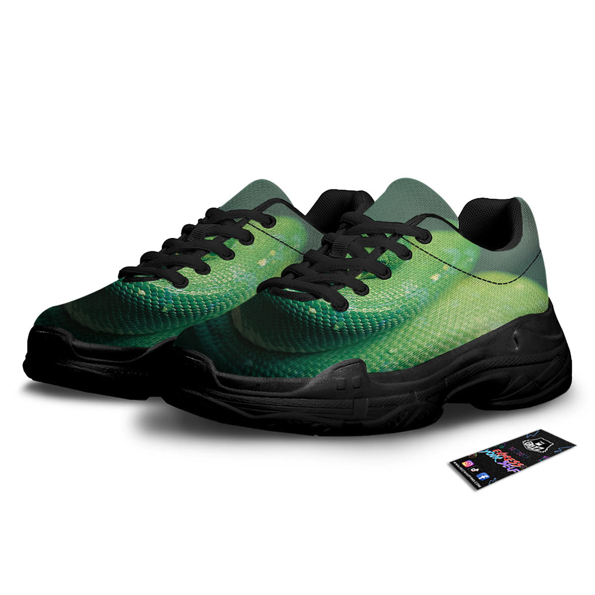 Snake Emerald Tree Boa Print Black Chunky Shoes-grizzshop