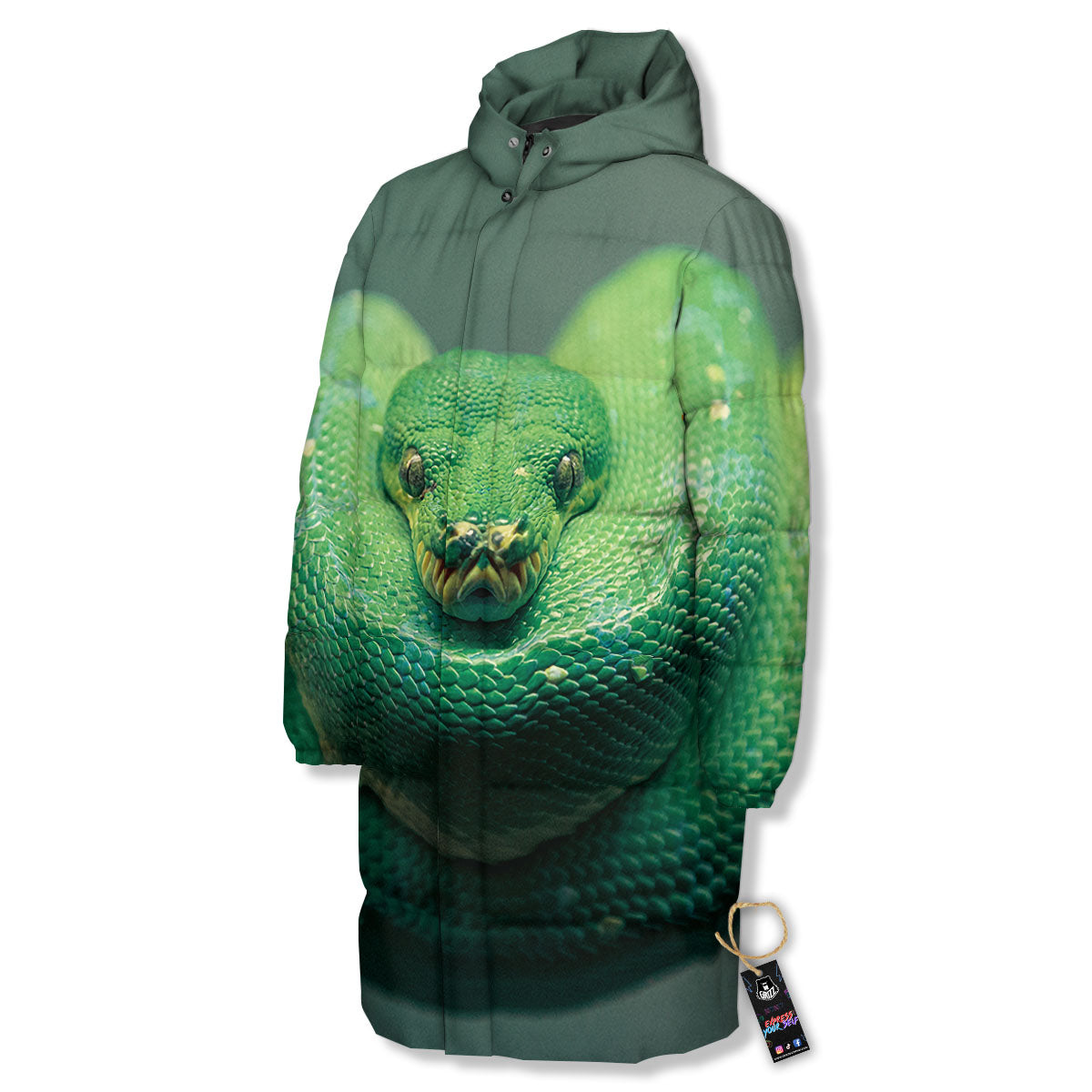 Snake Emerald Tree Boa Print Long Down Jacket-grizzshop