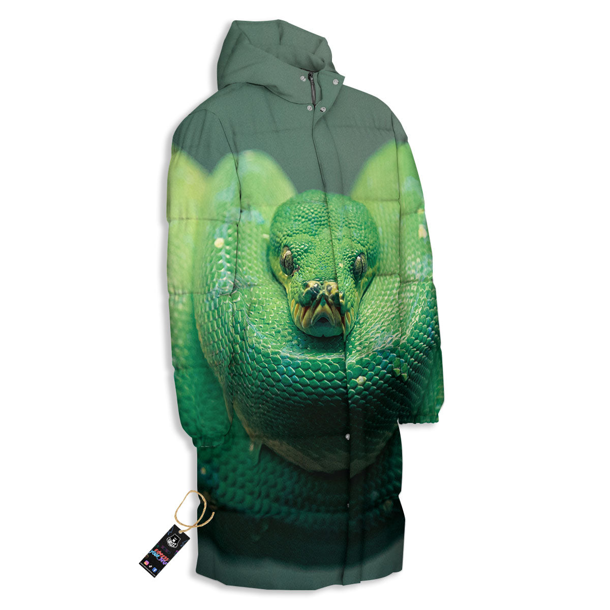 Snake Emerald Tree Boa Print Long Down Jacket-grizzshop