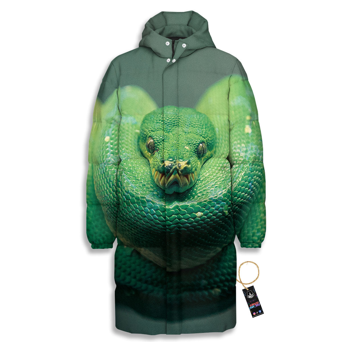 Snake Emerald Tree Boa Print Long Down Jacket-grizzshop
