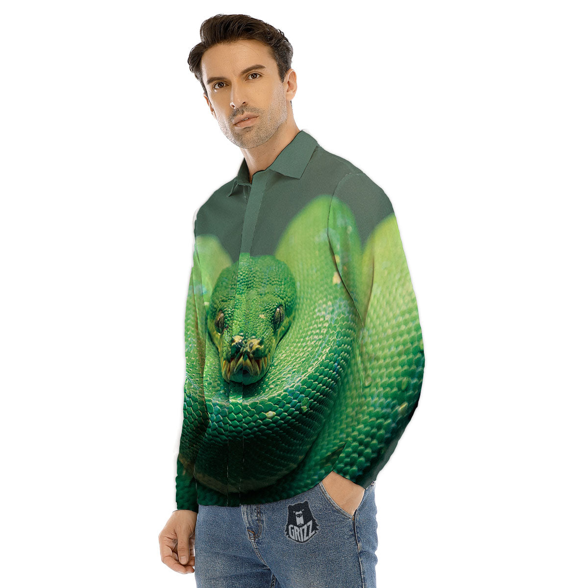 Snake Emerald Tree Boa Print Men's Dress Shirts-grizzshop