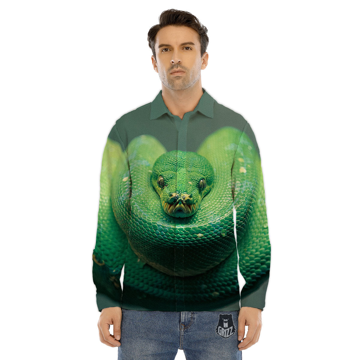 Snake Emerald Tree Boa Print Men's Dress Shirts-grizzshop