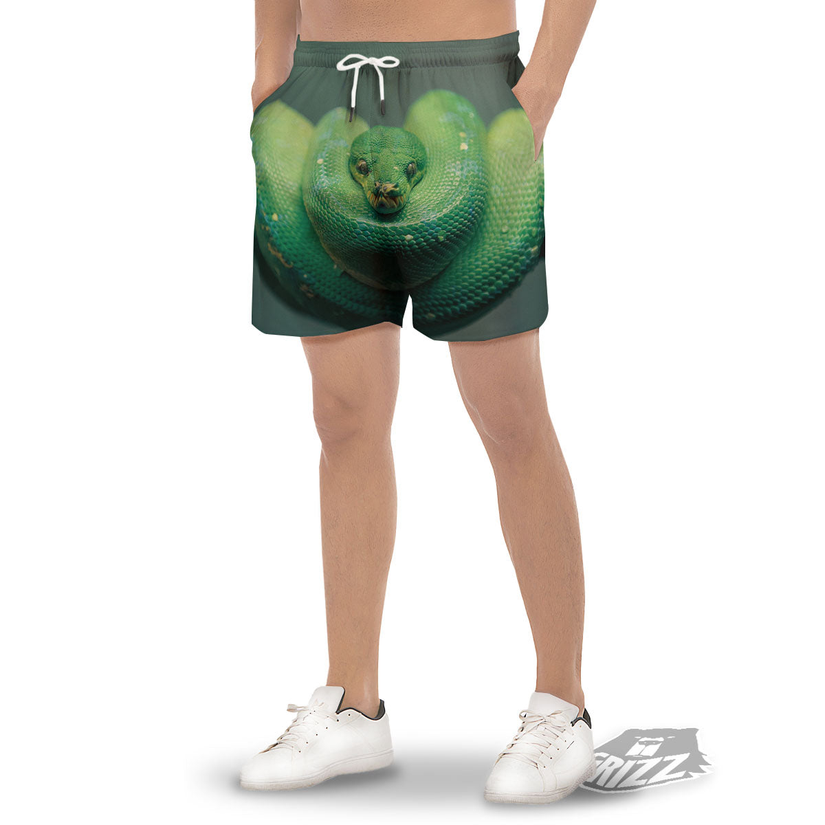 Snake Emerald Tree Boa Print Men's Gym Shorts-grizzshop