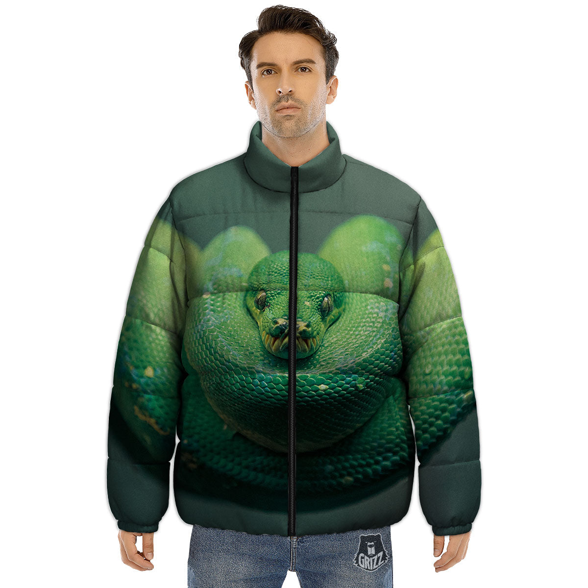 Snake Emerald Tree Boa Print Puffer Jacket-grizzshop