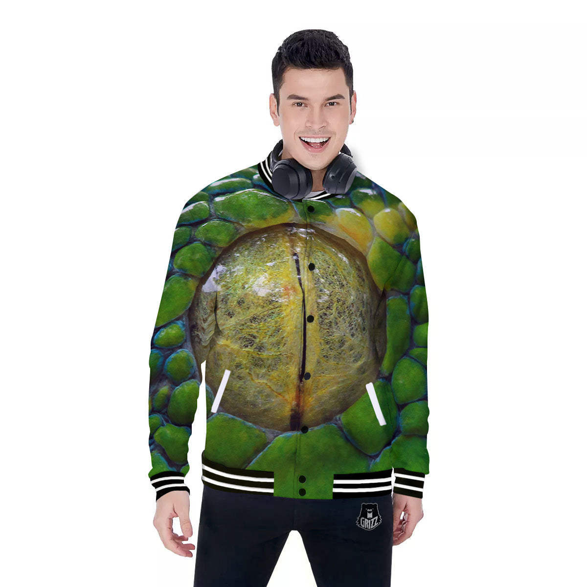 Snake Eye Green Print Baseball Jacket-grizzshop