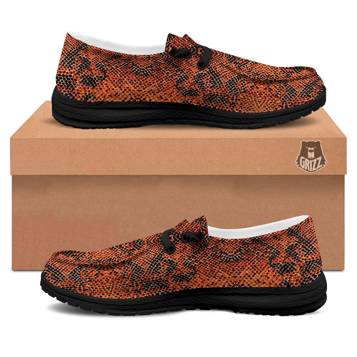 Snake Orange Print Pattern Black Loafers-grizzshop