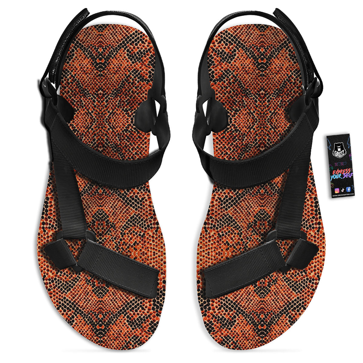 Snake Orange Print Pattern Black Open Toe Sandals-grizzshop
