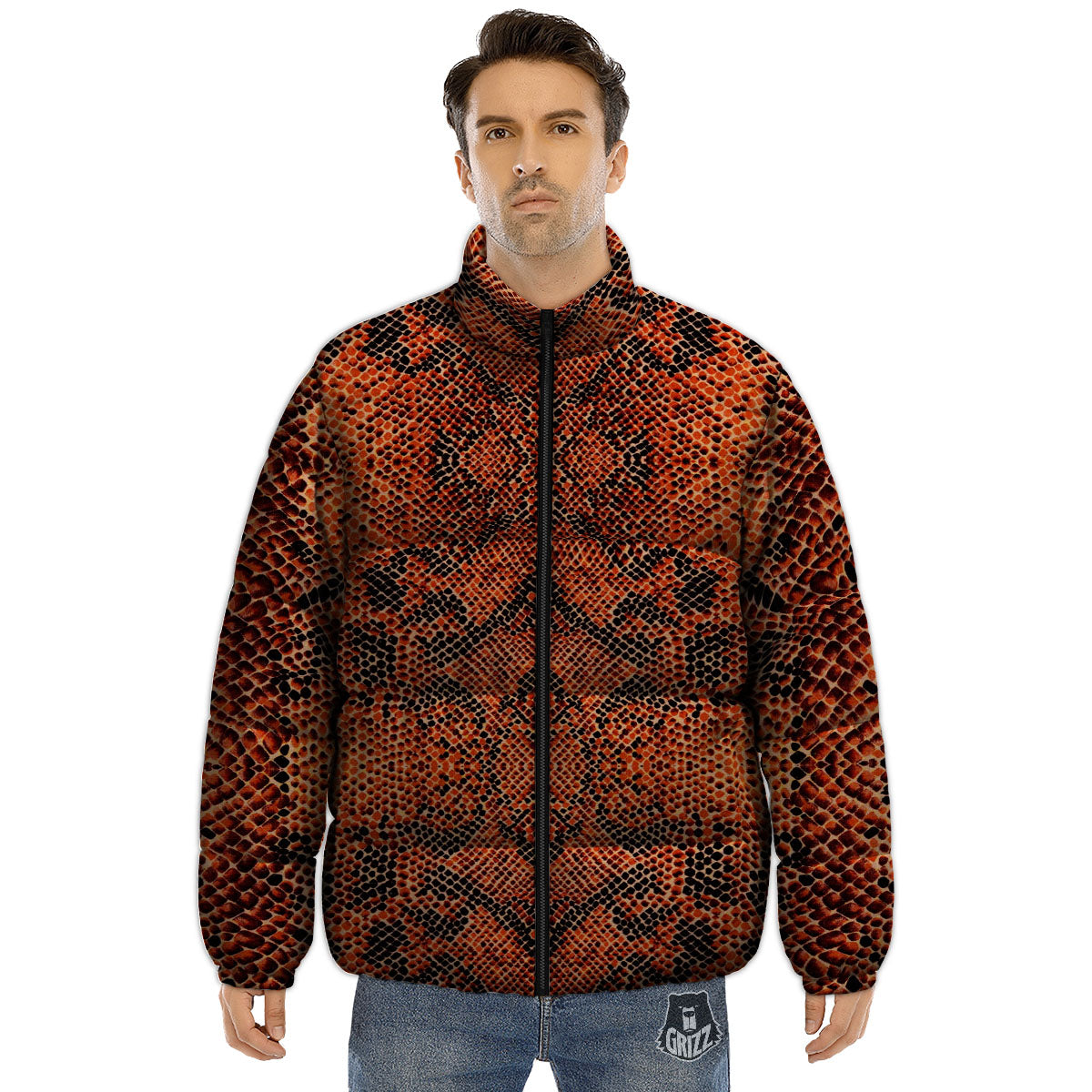 Snake Orange Print Pattern Puffer Jacket-grizzshop