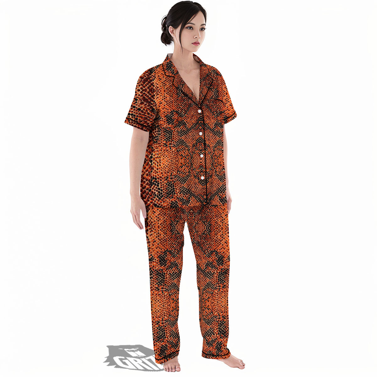 Snake Orange Print Pattern Women's Pajamas Set-grizzshop