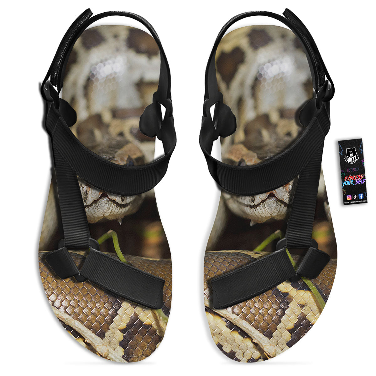 Snake Python Print Black Open Toe Sandals-grizzshop