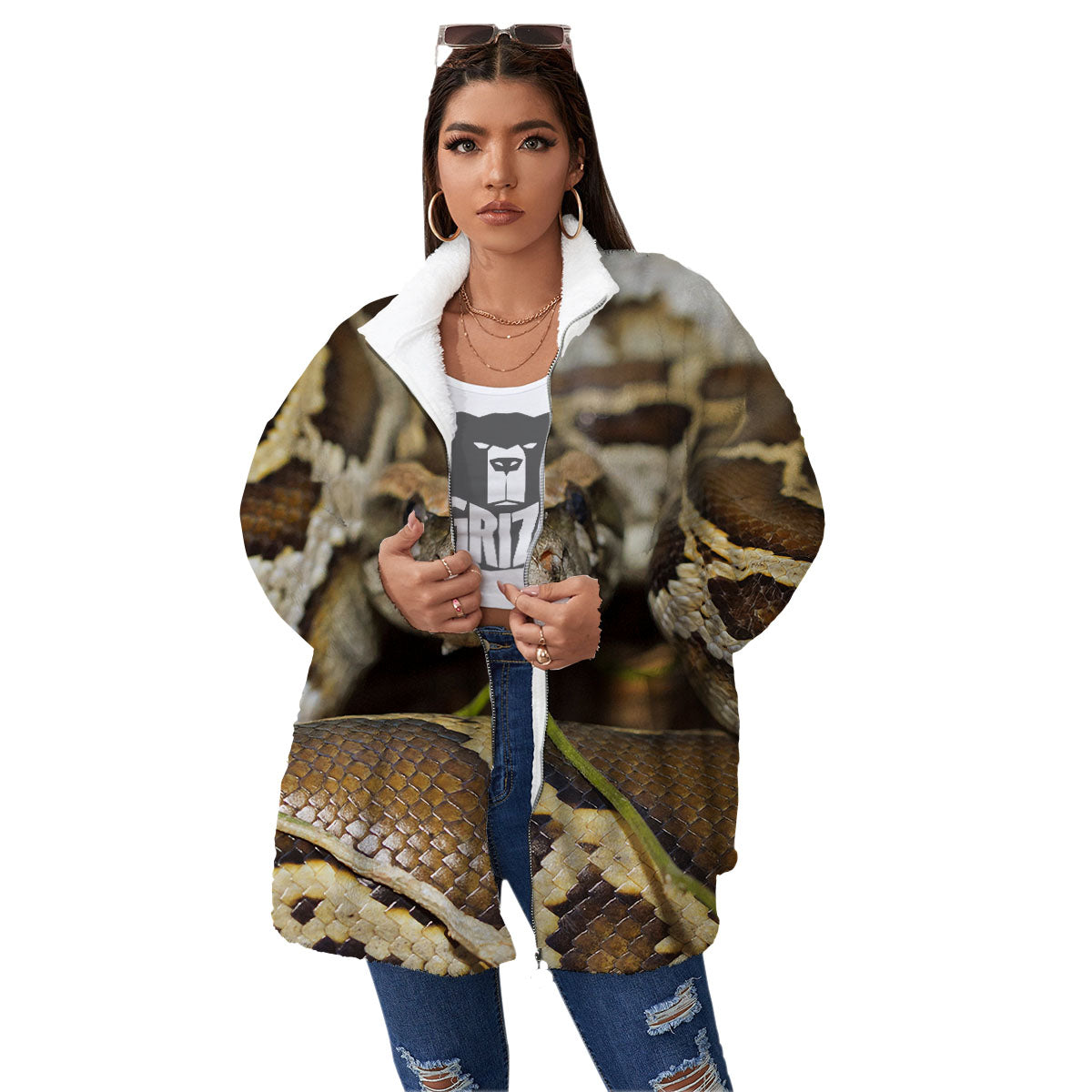 Snake Python Print Women's Sherpa Jacket-grizzshop
