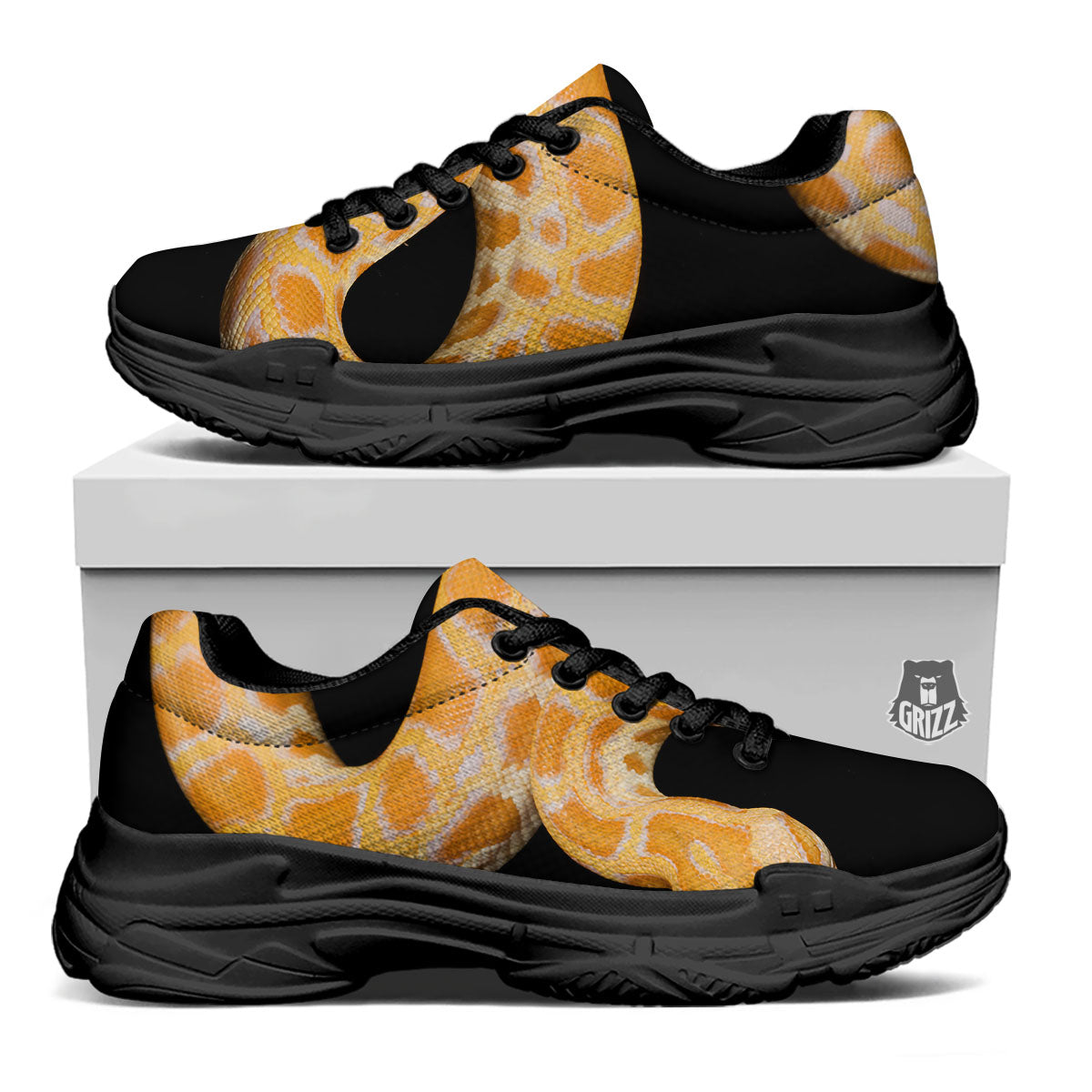 Snake Python Yellow Print Black Chunky Shoes-grizzshop
