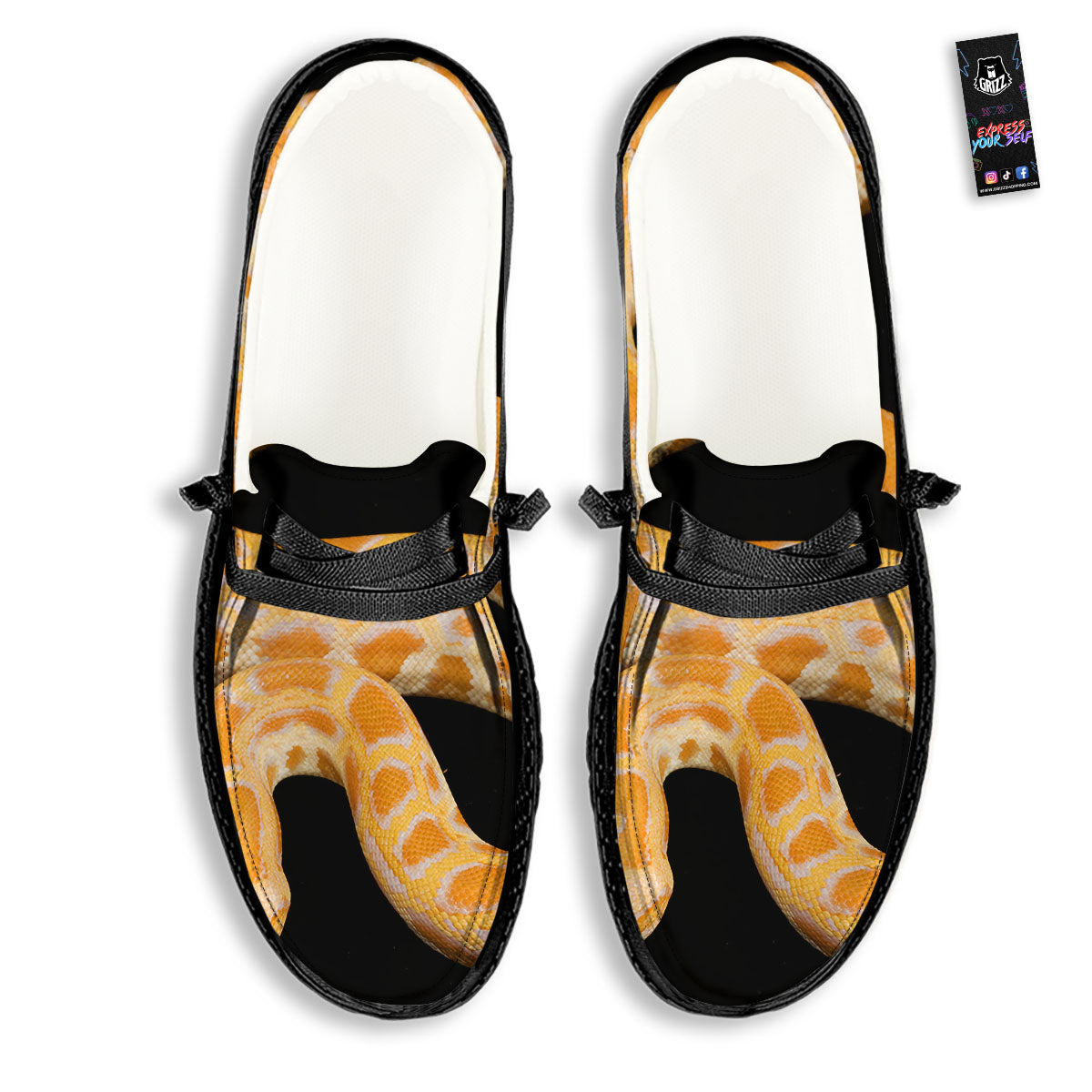 Snake Python Yellow Print Black Loafers-grizzshop