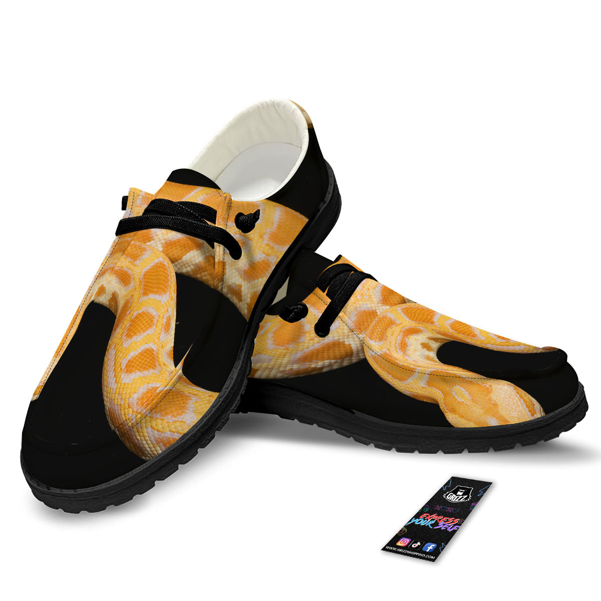 Snake Python Yellow Print Black Loafers-grizzshop