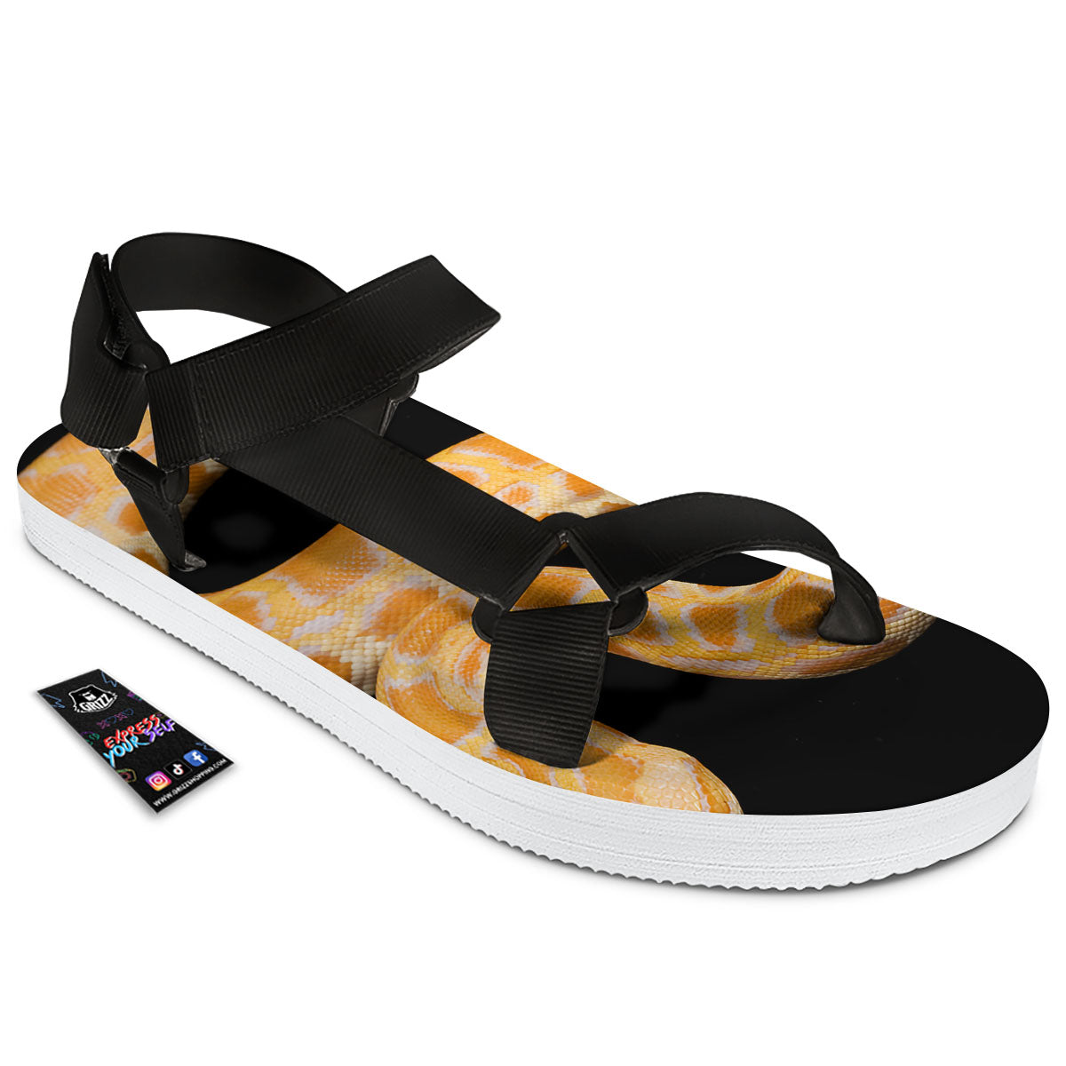 Snake Python Yellow Print Black Open Toe Sandals-grizzshop