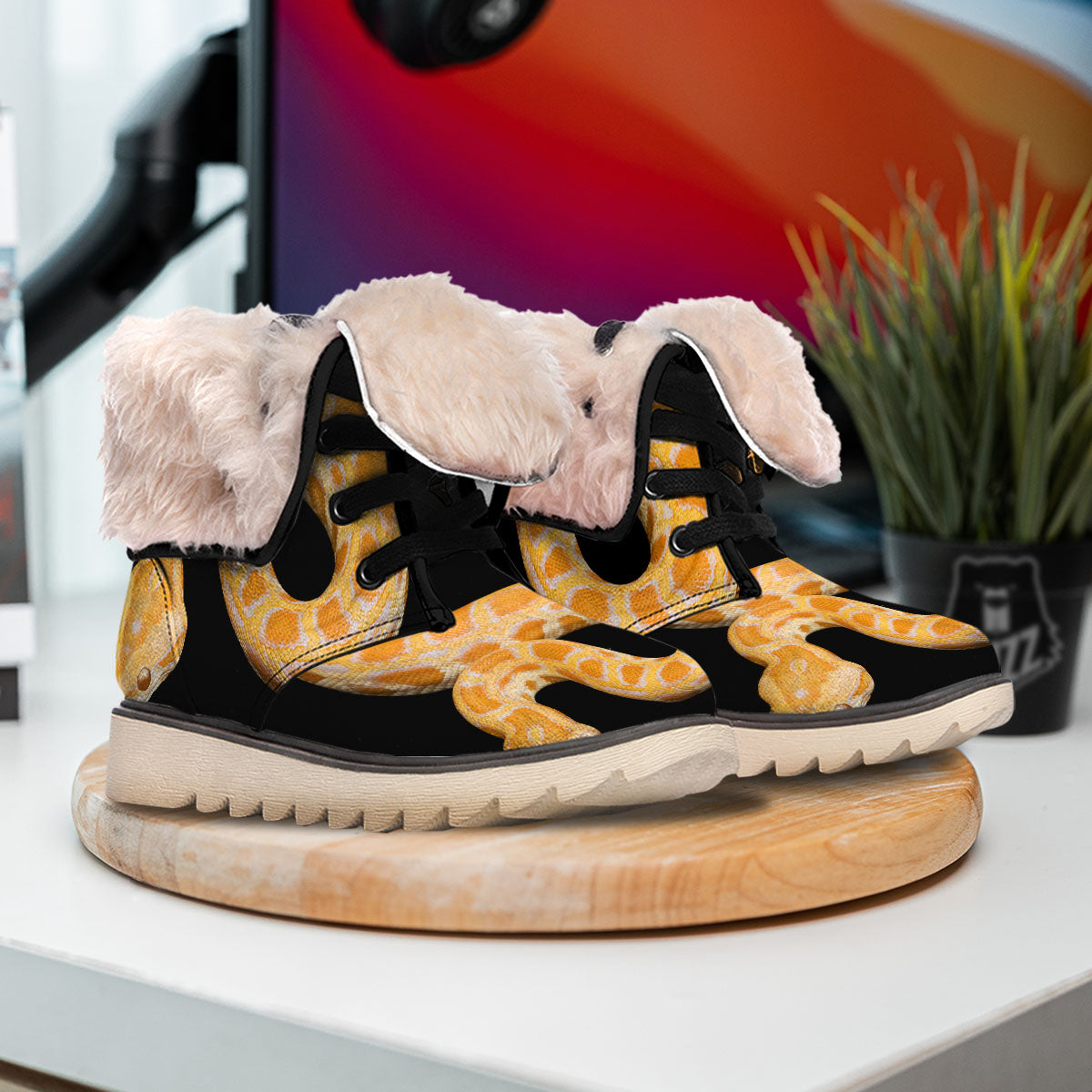 Snake Python Yellow Print Snow Boots-grizzshop