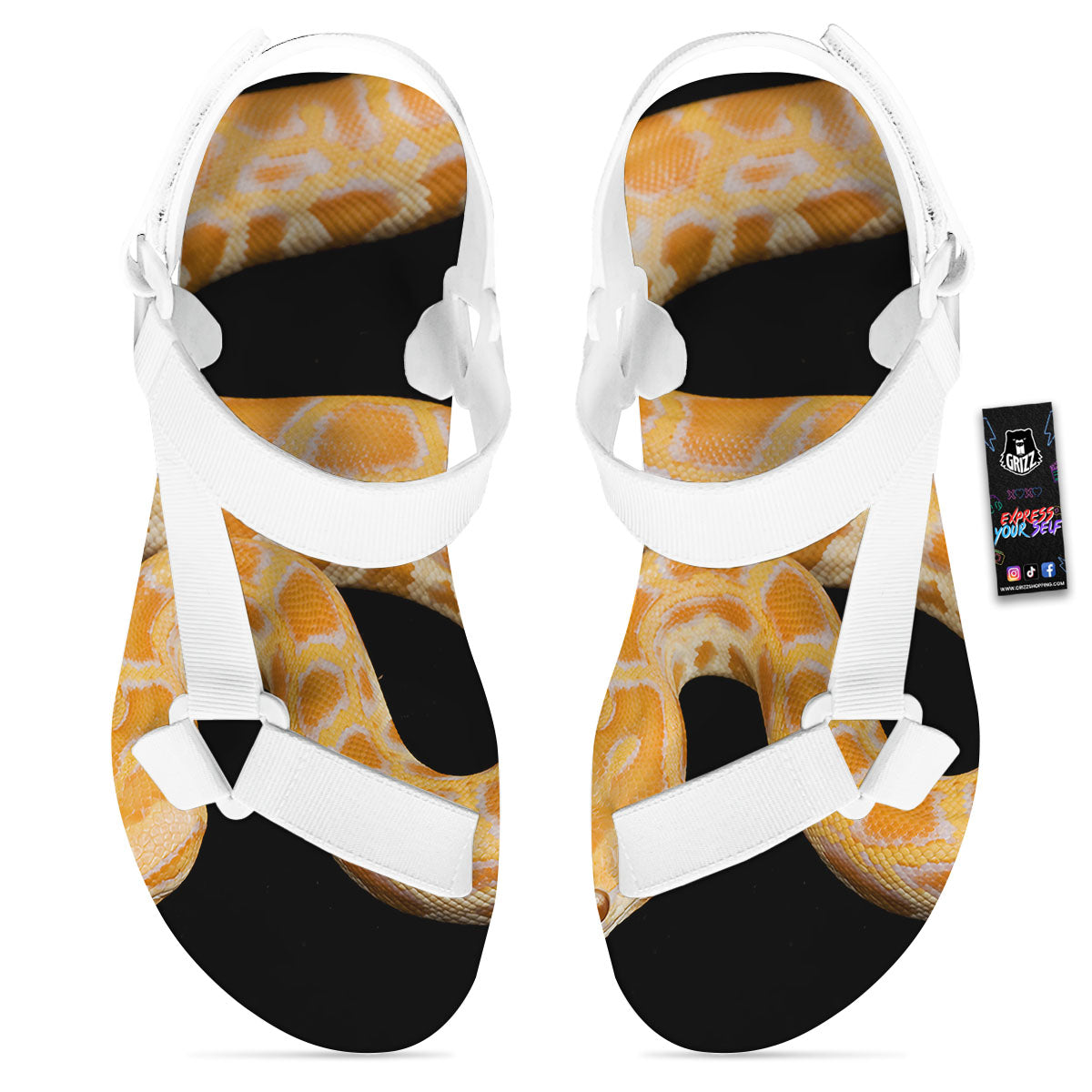 Snake Python Yellow Print White Open Toe Sandals-grizzshop