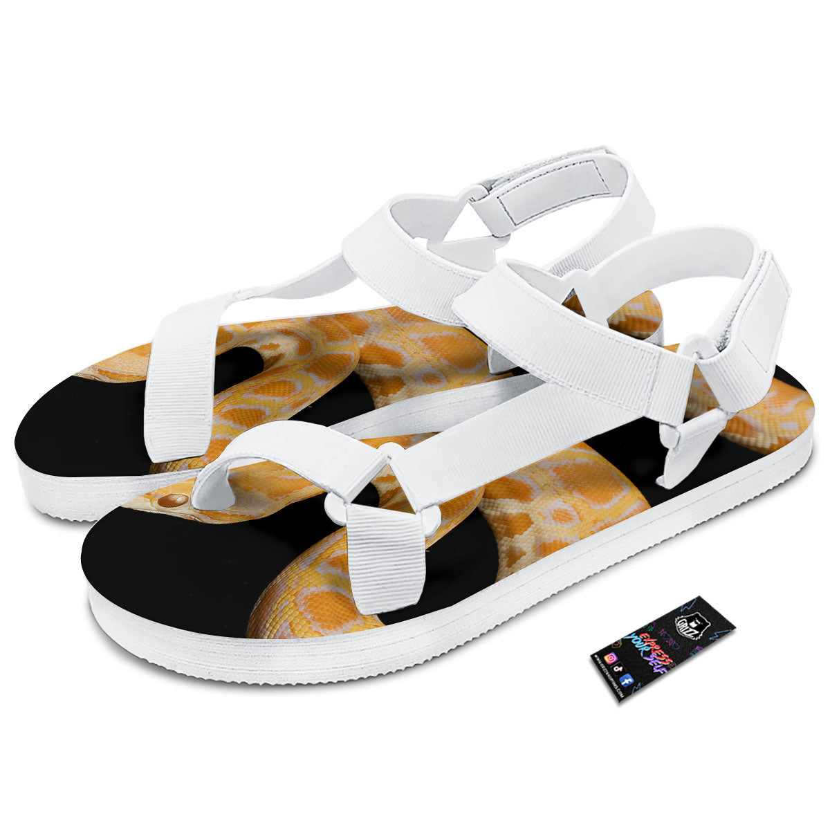 Snake Python Yellow Print White Open Toe Sandals-grizzshop