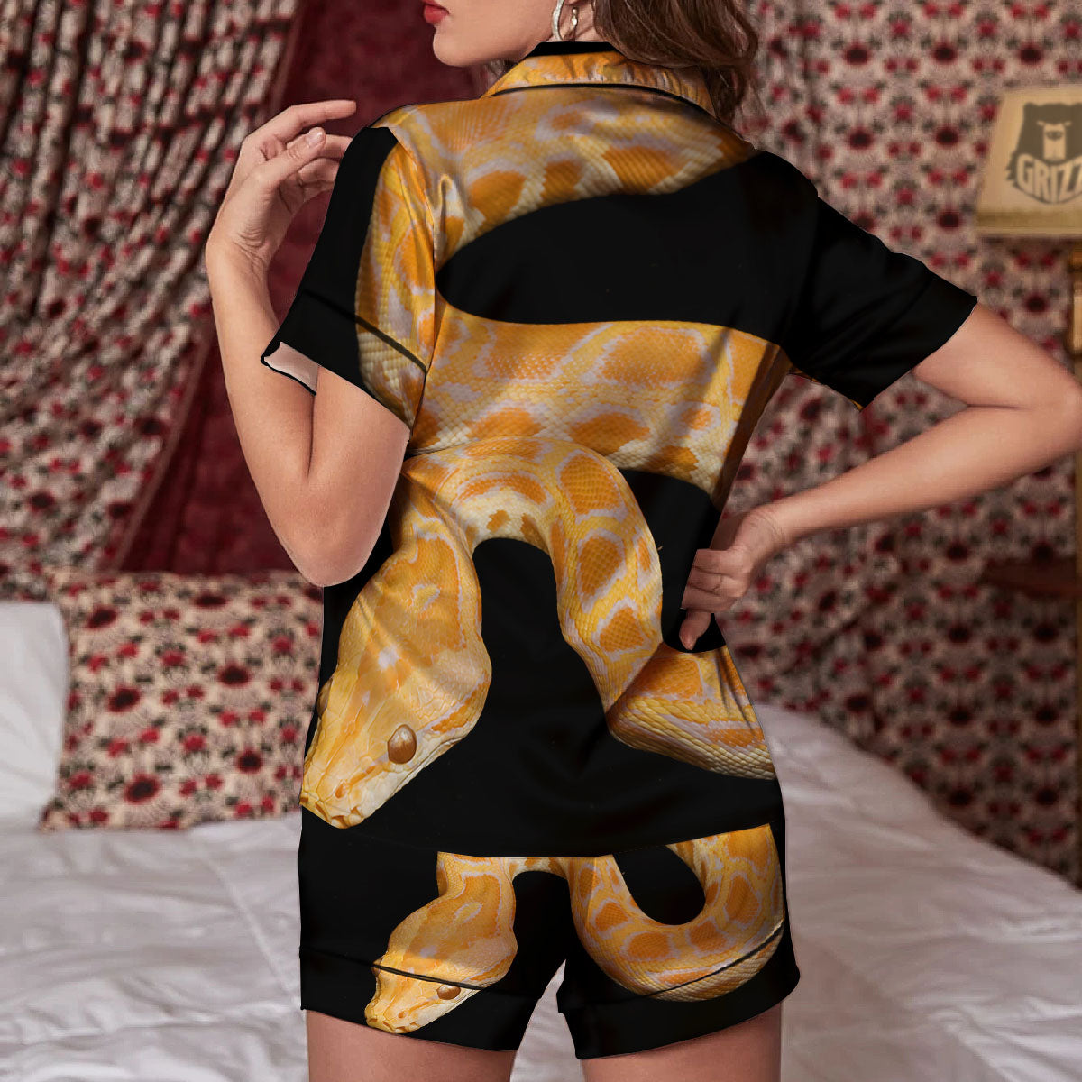 Snake Python Yellow Print Women Silk Pajamas-grizzshop