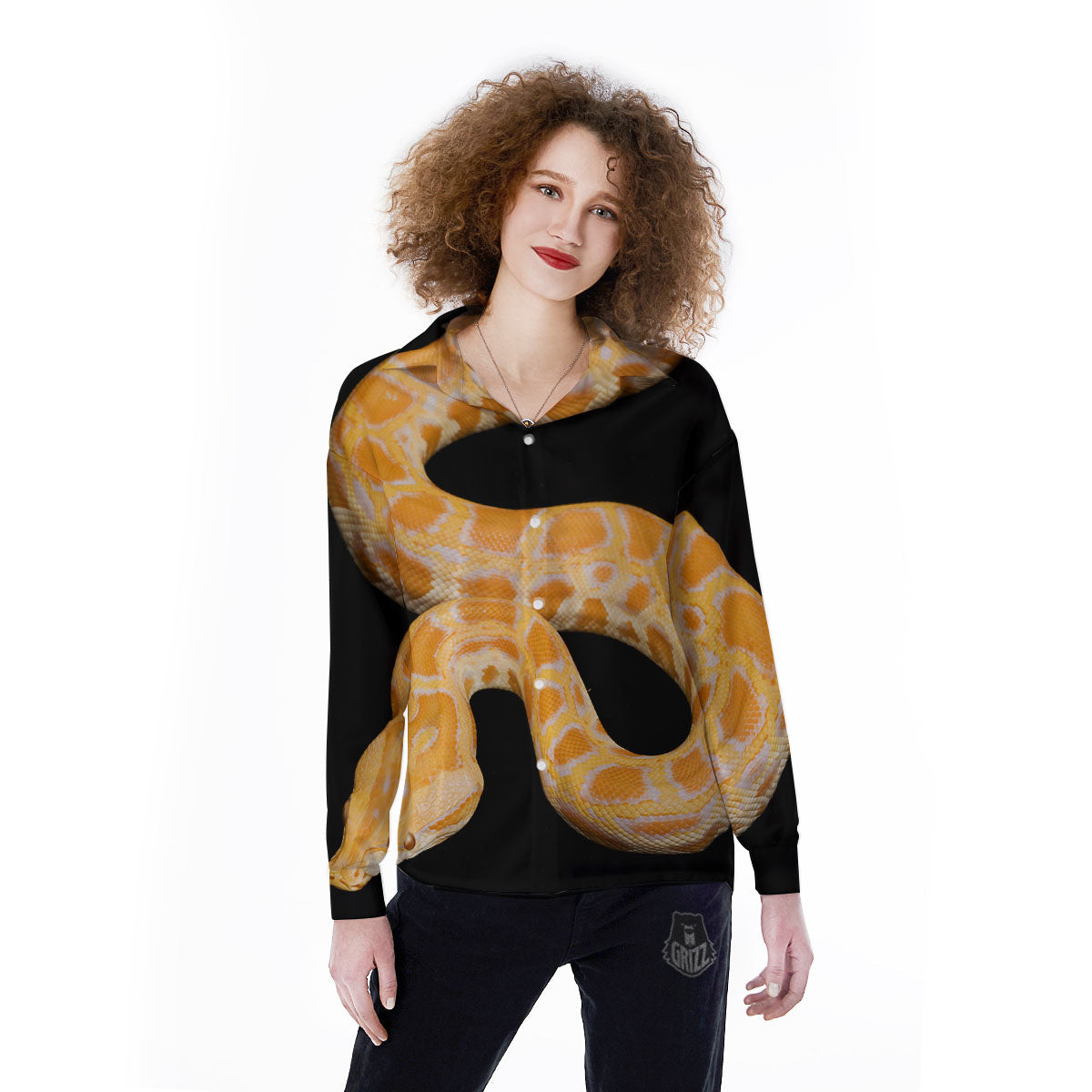 Snake Python Yellow Print Women's Long Sleeve Shirts-grizzshop