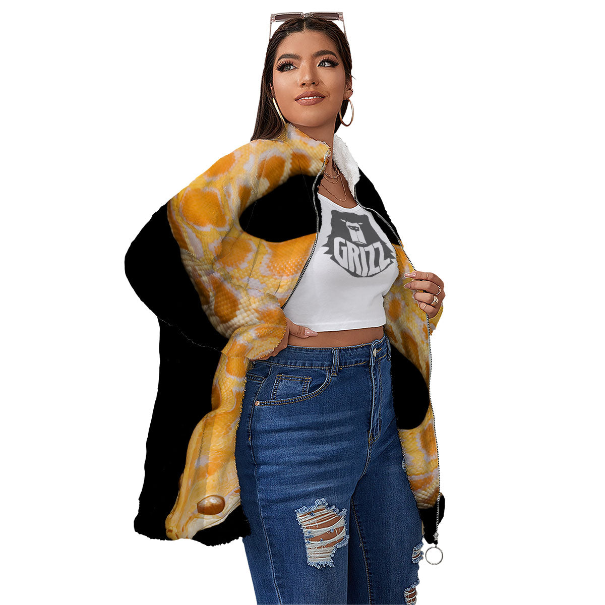 Snake Python Yellow Print Women's Sherpa Jacket-grizzshop