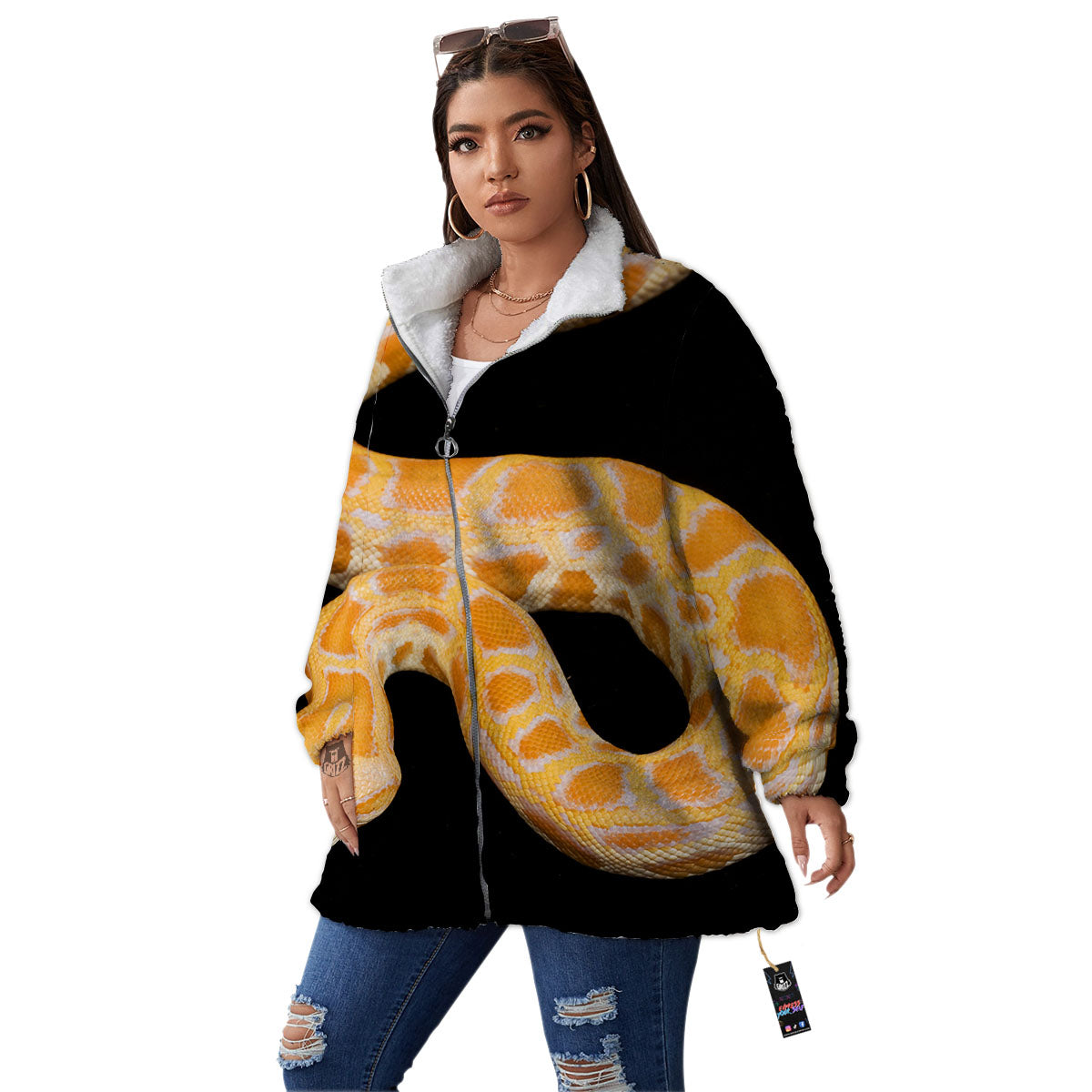 Snake Python Yellow Print Women's Sherpa Jacket-grizzshop