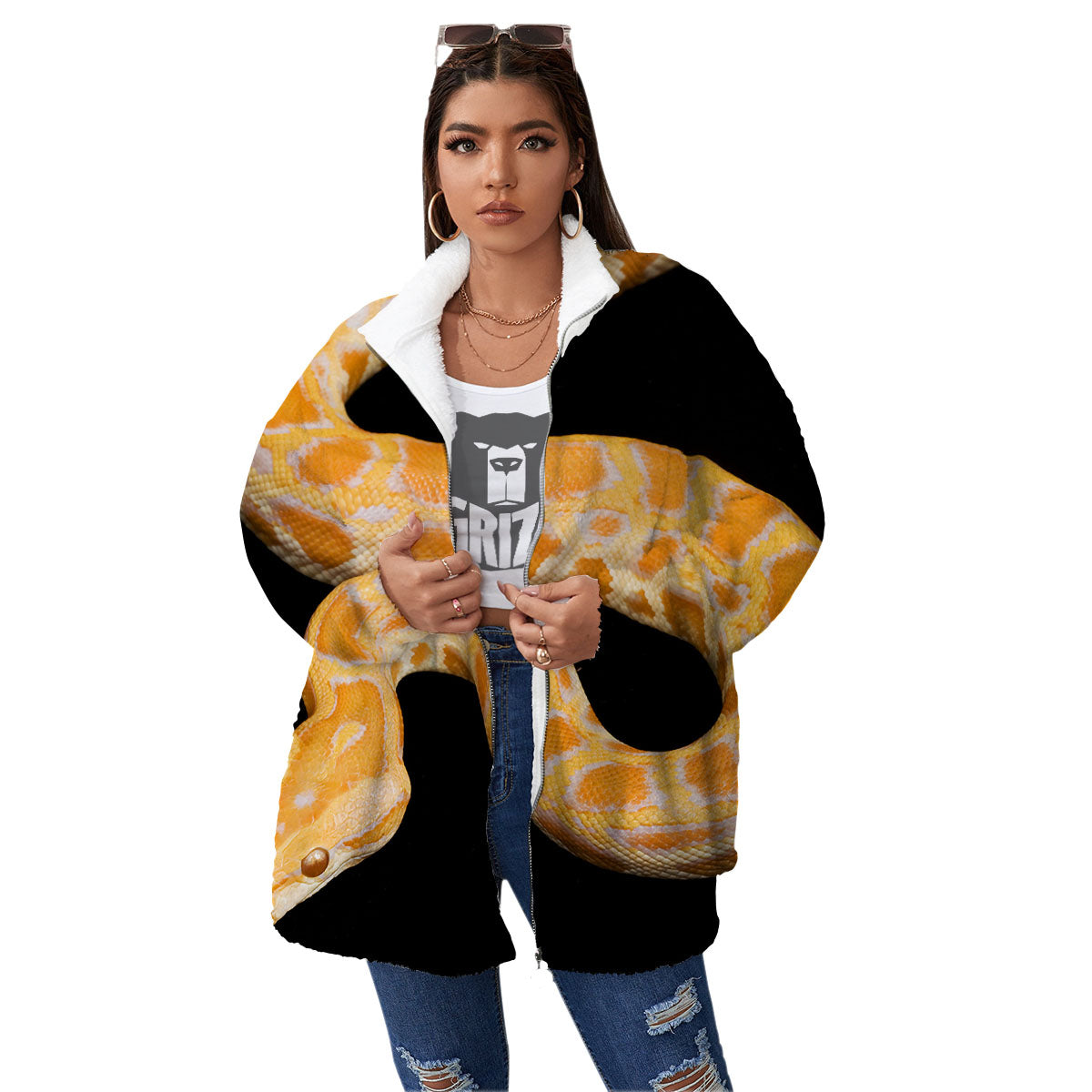 Snake Python Yellow Print Women's Sherpa Jacket-grizzshop