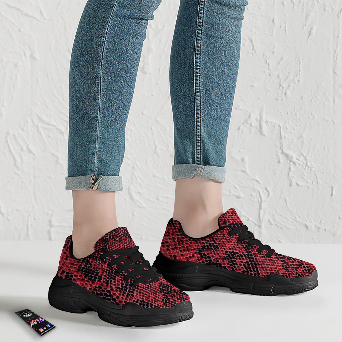 Snake Skin Black And Red Print Black Chunky Shoes-grizzshop