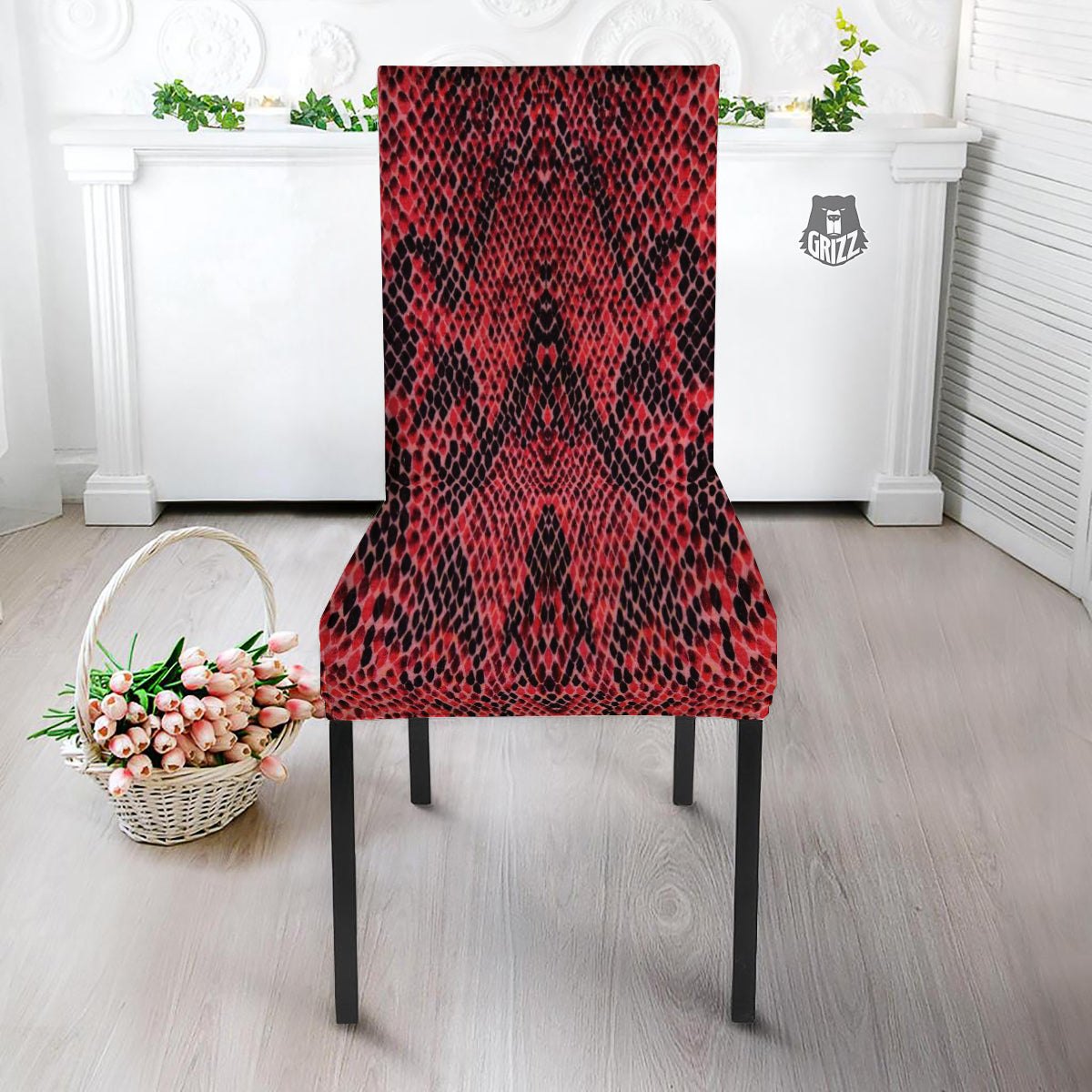 Snake Skin Black And Red Print Dining Chair Slipcover-grizzshop
