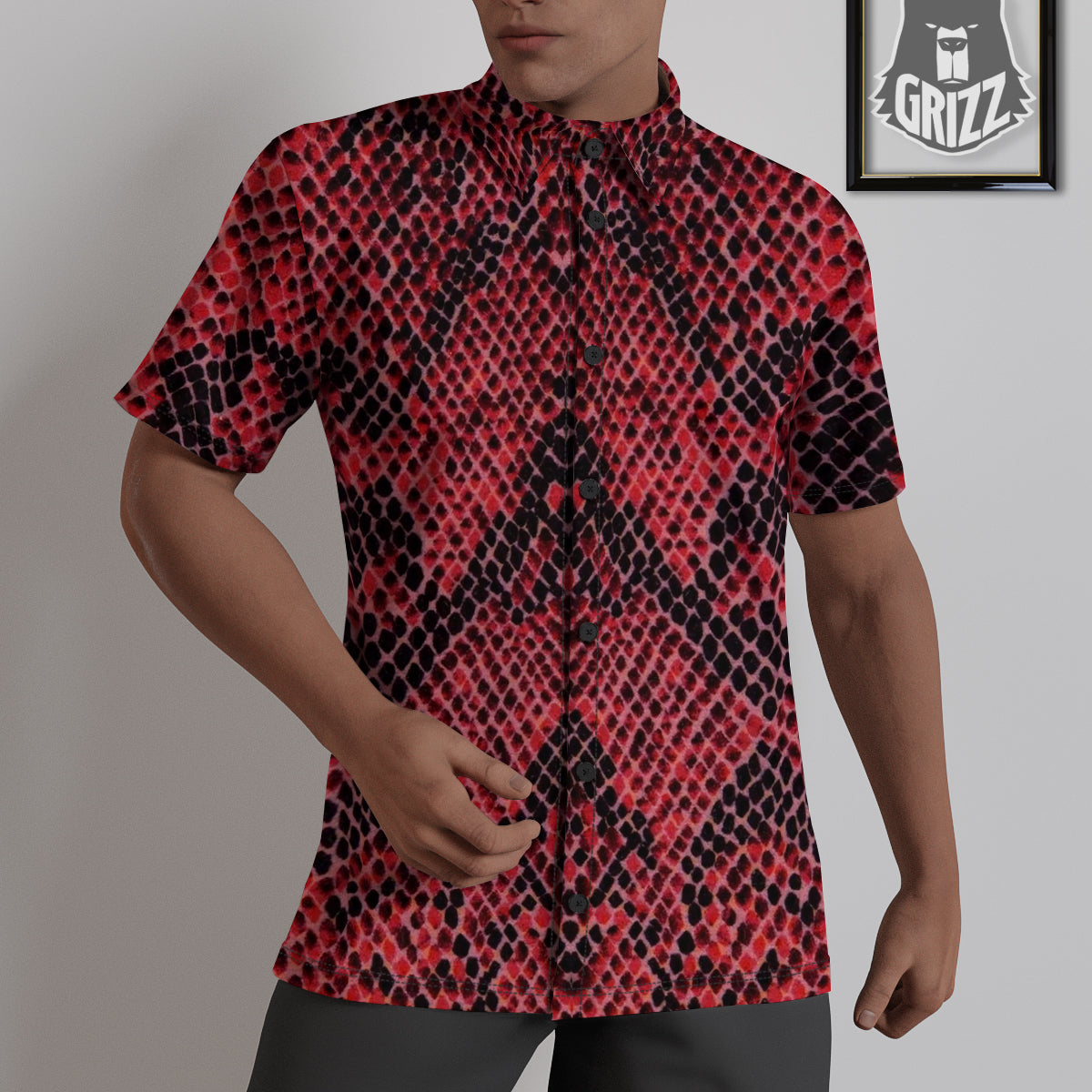 Snake Skin Black And Red Print Untucked Shirts-grizzshop