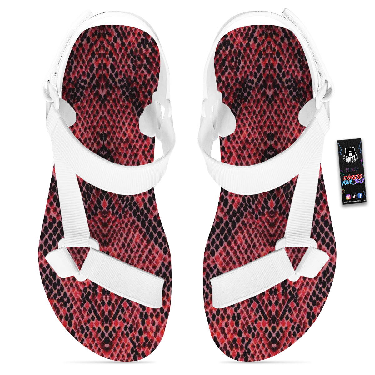 Snake Skin Black And Red Print White Open Toe Sandals-grizzshop