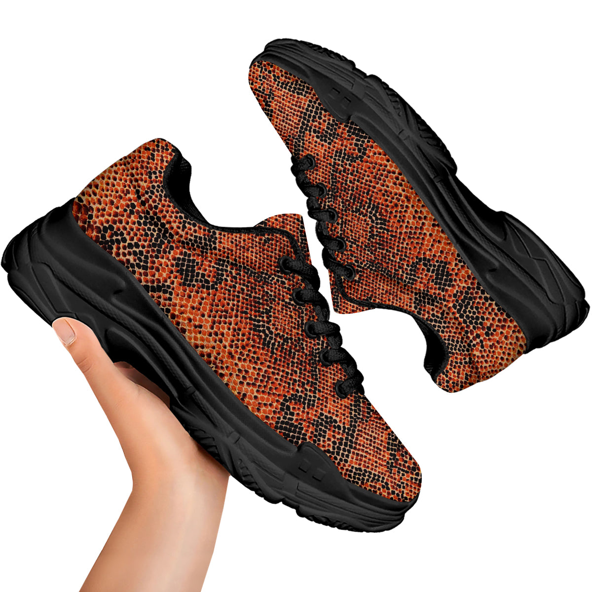 Snake Skin Black Orange Print Black Chunky Shoes-grizzshop