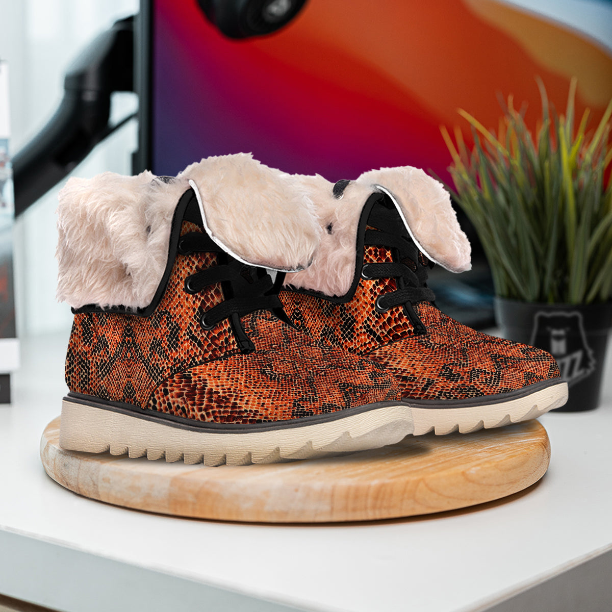 Snake Skin Black Orange Print Snow Boots-grizzshop
